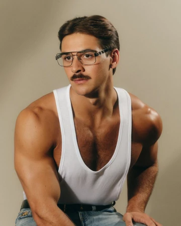 Man wearing wire-rimmed glasses and a white tank top for the Versace Eyewear campaign