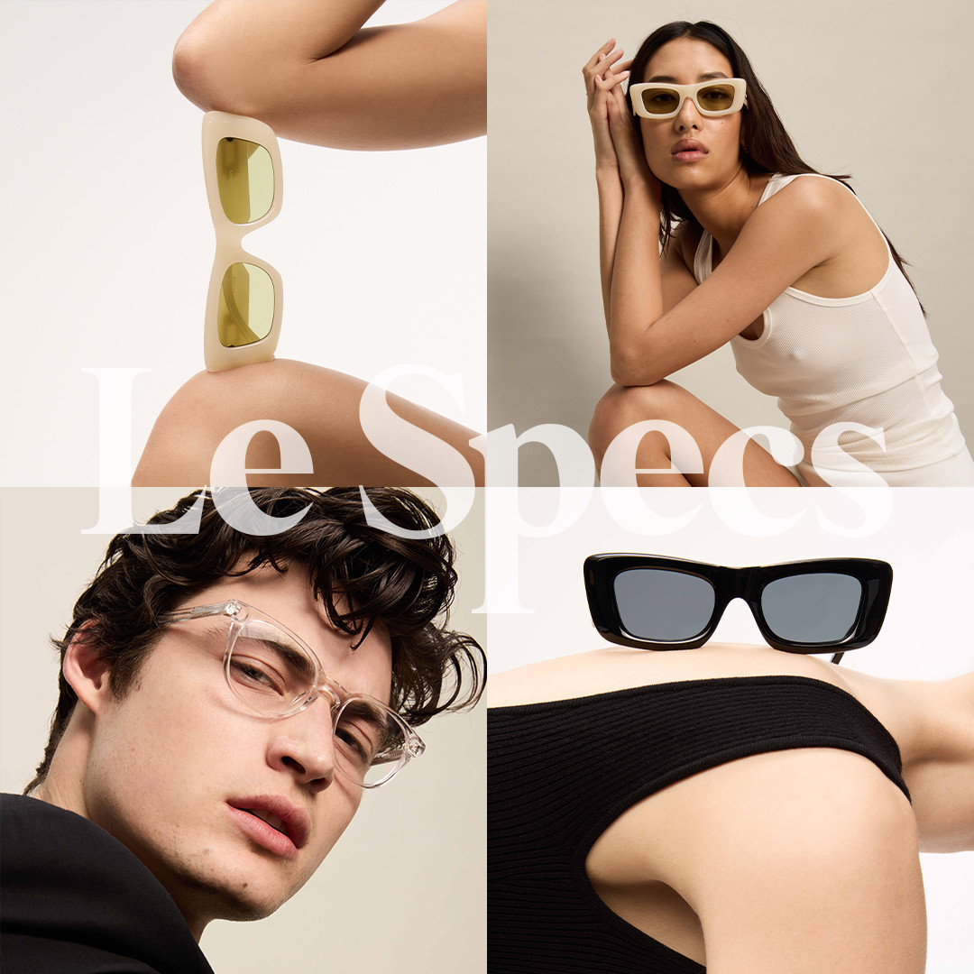Sunglasses advertisement featuring diverse models wearing various styles of eyewear against a neutral backdrop, showcasing fashion and design.