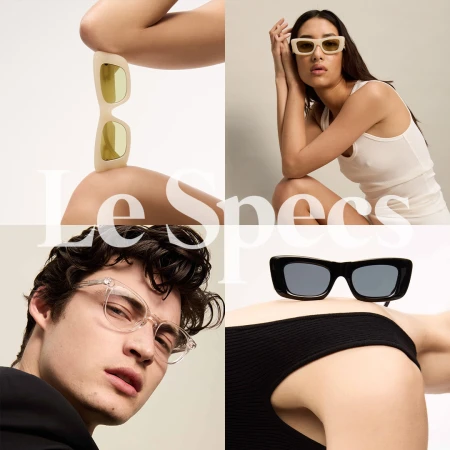 Sunglasses advertisement featuring diverse models wearing various styles of eyewear against a neutral backdrop, showcasing fashion and design.