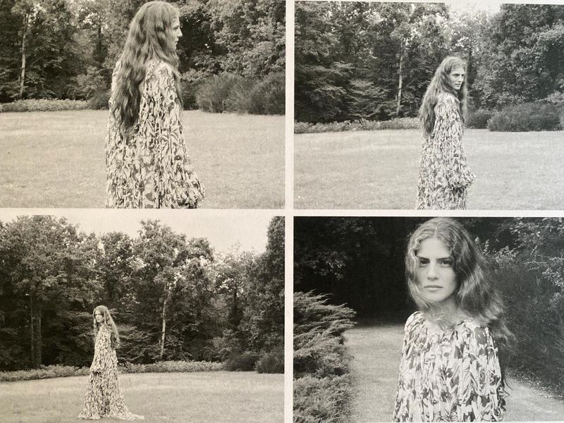 Four-panel editorial layout featuring a long-haired woman in a patterned dress walking across an outdoor park landscape.