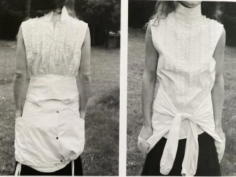 Model wearing a white sleeveless top with ruffles and a tied sash over a skirt, shown from front and back views.