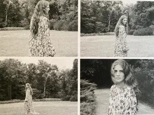 Four-panel editorial layout featuring a long-haired woman in a patterned dress walking across an outdoor park landscape.