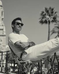 Roger Federer wearing sunglasses and white clothing, seated outdoors on a chair with feet propped on a railing next to a palm tree.