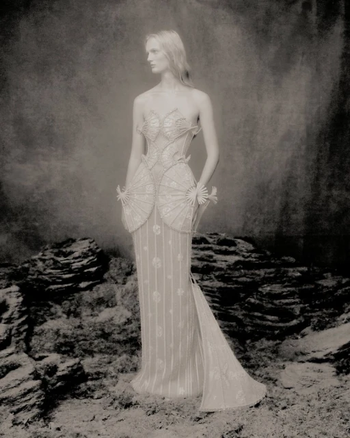 Monochrome image of a slender fashion model wearing an elaborate, intricately designed gown, standing against a textured backdrop.