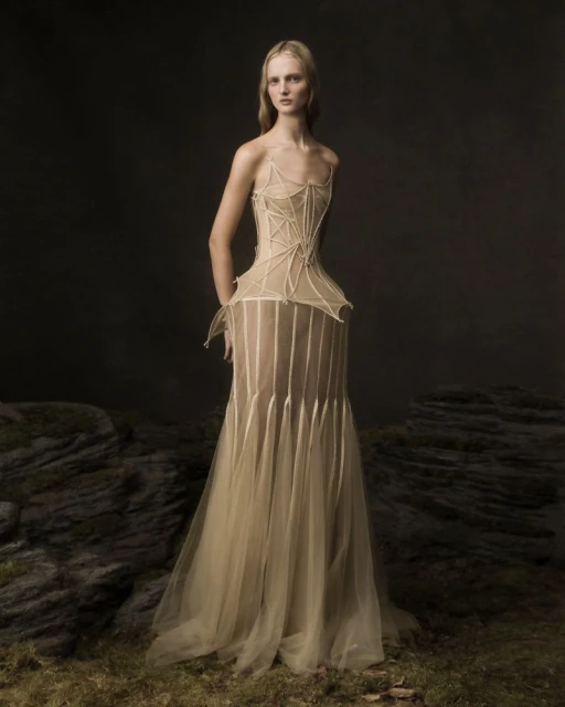 Blonde woman in a sheer beige gown with a web-like corset poses in a moody outdoor setting, with a neutral backdrop and rocky ground.