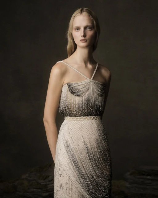 Woman in beaded gown posing against a muted background. Fashion shot with detailed textures and soft lighting for editorial use.