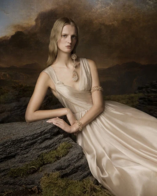 A posed woman wears a dress and jewelry in a fine-art style photograph with mountains and clouds in the background; neutral colors dominate.