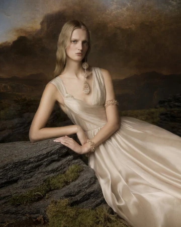 A posed woman wears a dress and jewelry in a fine-art style photograph with mountains and clouds in the background; neutral colors dominate.