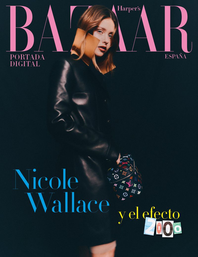 Magazine cover featuring Nicole Wallace in a black leather jacket, holding a patterned handbag, against a dark backdrop with bright text.