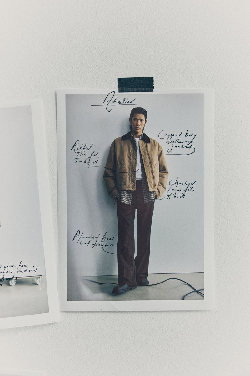 Fashion layout featuring a model in a copper bomber jacket, checkered shirt, brown pants, and black shoes taped to a wall.