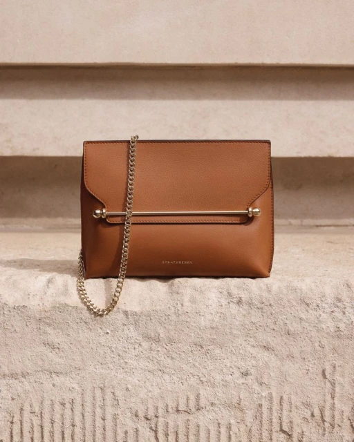 Brown leather Strathberry handbag with gold hardware and chain strap resting on stone steps. Close-up studio product shot for fashion.