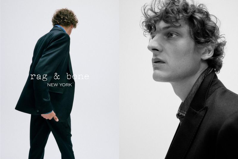 Black and white fashion-style split shot features a stylishly dressed man in a suit next to the brand logo, Rag and Bone, on a clean backdrop.