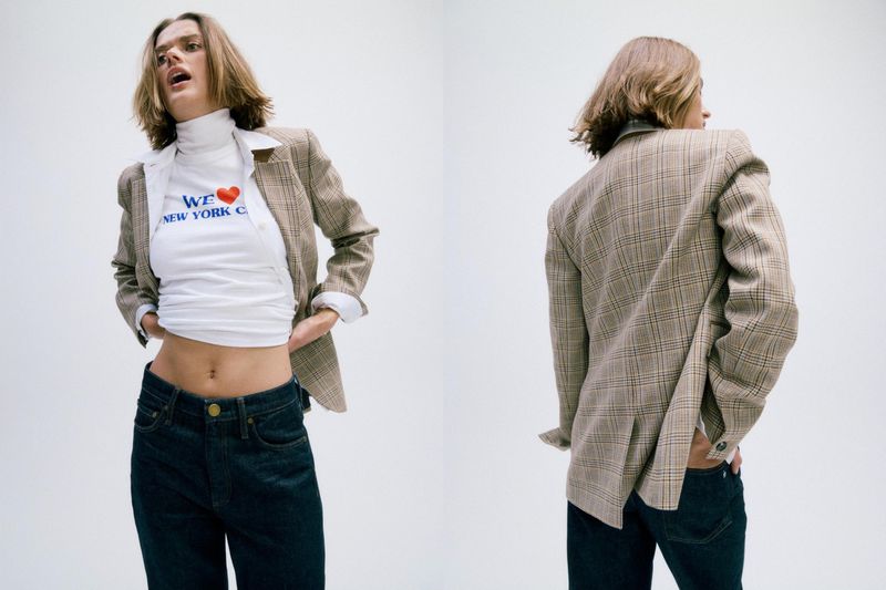 A woman in jeans and a blazer poses in front of a white background. Two views of her body are shown, both front and back.