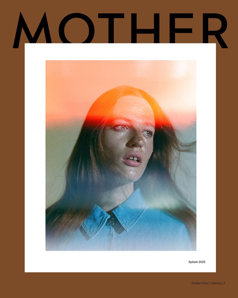 Woman with wet skin and shoulder-length hair in a close-up fashion magazine cover with orange and brown tones and bold MOTHER typography.