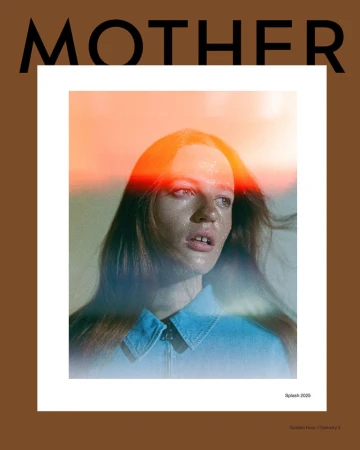 Woman with wet skin and shoulder-length hair in a close-up fashion magazine cover with orange and brown tones and bold MOTHER typography.