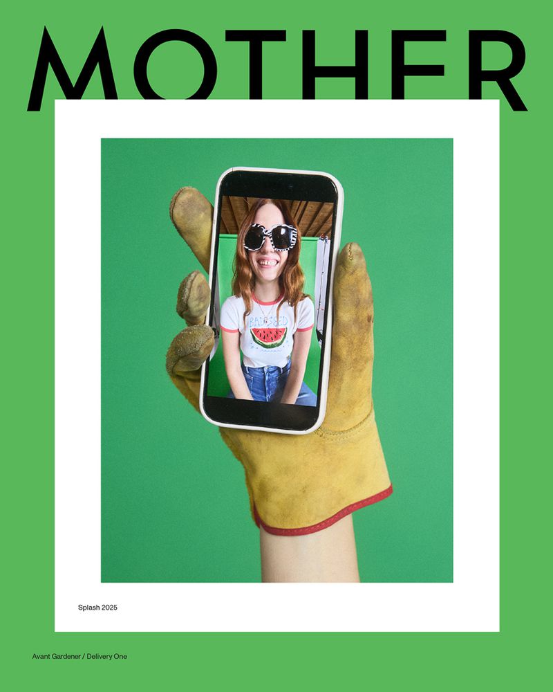 Magazine cover featuring a child wearing sunglasses, held in a gloved hand, with a bright green background and the word 'Mother' at top.