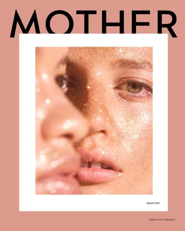 Close-up of two faces with glitter makeup, soft peach background, text overlay 'Mother'. Beauty shot with artistic style and eye contact.