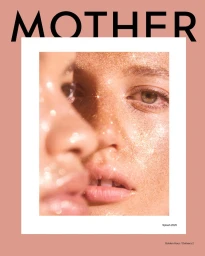 Close-up beauty portrait of two faces adorned with sparkling gold glitter on a lookbook cover for Mother