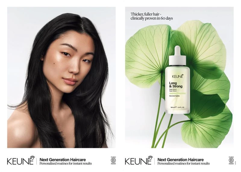 Beauty ad featuring an Asian woman with long black hair next to a Keune hair serum bottle against a backdrop of green leaves, showcasing hair care.