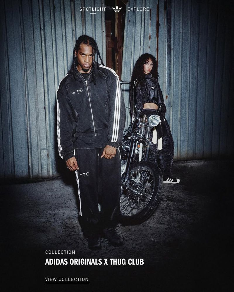 Two models pose with a motorcycle in front of a corrugated metal background, showcasing an Adidas Originals x Thug Club collection.