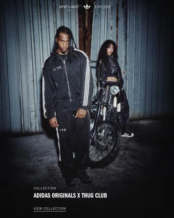 Two models pose with a motorcycle in front of a corrugated metal background, showcasing an Adidas Originals x Thug Club collection.