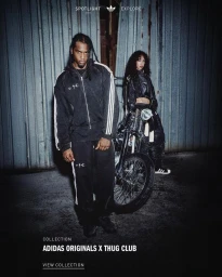 Man and woman standing in front of a motorcycle against a dark corrugated metal wall for Adidas Originals x Thug Club.