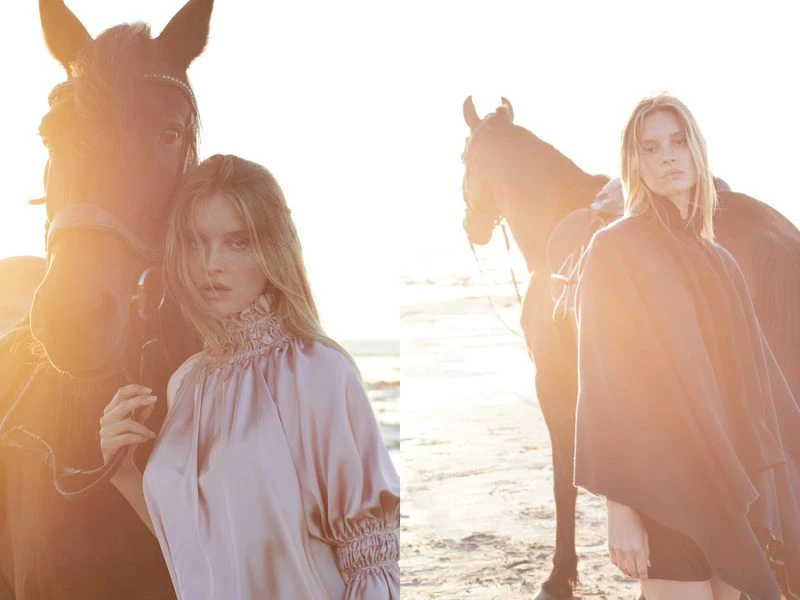 Two women posing with horses on a beach at sunset, wearing fashionable dresses in a split-screen composition. Equine and fashion photography.