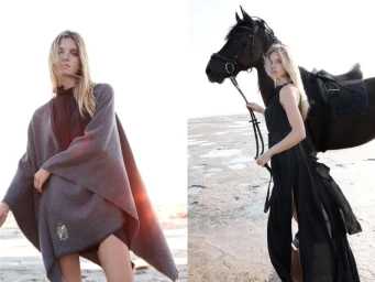 Two fashion portrait shots featuring a blonde female model wearing a grey poncho cape and a black dress alongside a dark horse outdoors.