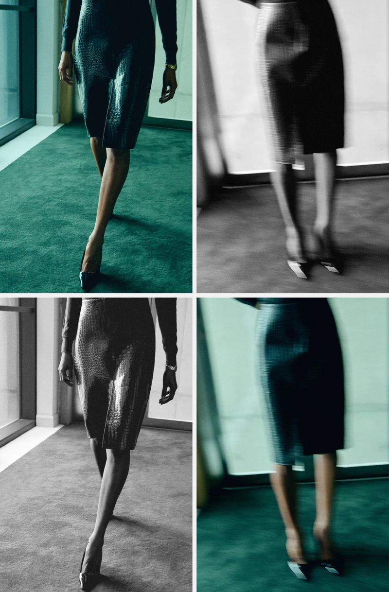 Collage of a woman walking, wearing a pencil skirt and high heels. Fashion and style shoot in an office or business setting.