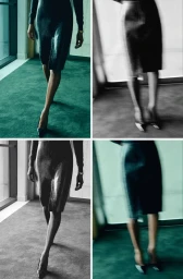 Four-panel editorial layout showing a woman wearing a dark skirt and heels walking across a green carpeted room.