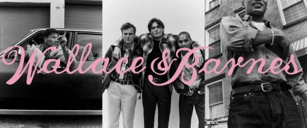 Black and white triptych fashion campaign showing male models for J. Crew Wallace and Barnes with pink script overlay