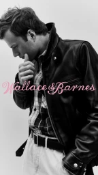 Monochrome portrait of a man wearing a black leather jacket and plaid shirt against a light background with pink script text