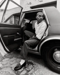 Model seated inside the open rear door of a classic car wearing a white shirt and dark trousers