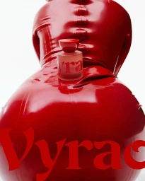A red Vyrao fragrance bottle resting on the curved back of a figure wearing a glossy red latex suit against a white background.