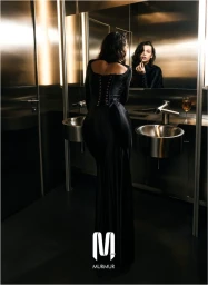 Woman in a black backless gown applying lipstick while looking into a mirror in a modern metallic restroom.