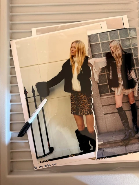 Fashion snapshots featuring women in stylish outerwear, skirts, and boots, showcasing a vintage aesthetic and urban backdrop.