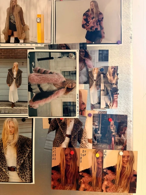 Collage of polaroid photos of a blonde woman posing in fashionable clothing, including fur coats and leopard print, in various urban settings.