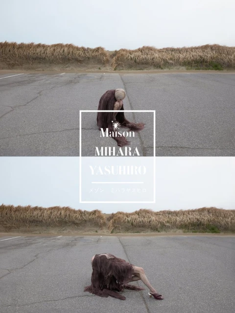 Split-frame fashion campaign shot showing a model in a textured brown shaggy garment crouched on a paved lot against tall grass.