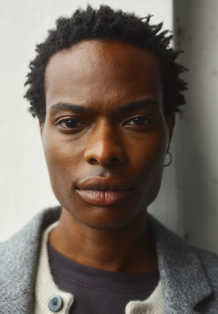 Close-up portrait of a young adult Black man with short curly hair, wearing a cardigan sweater and jacket, looking directly at the camera.