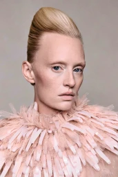 Close-up portrait of a model with sculpted blonde hair wearing a pale pink fringed textured top against a neutral background.