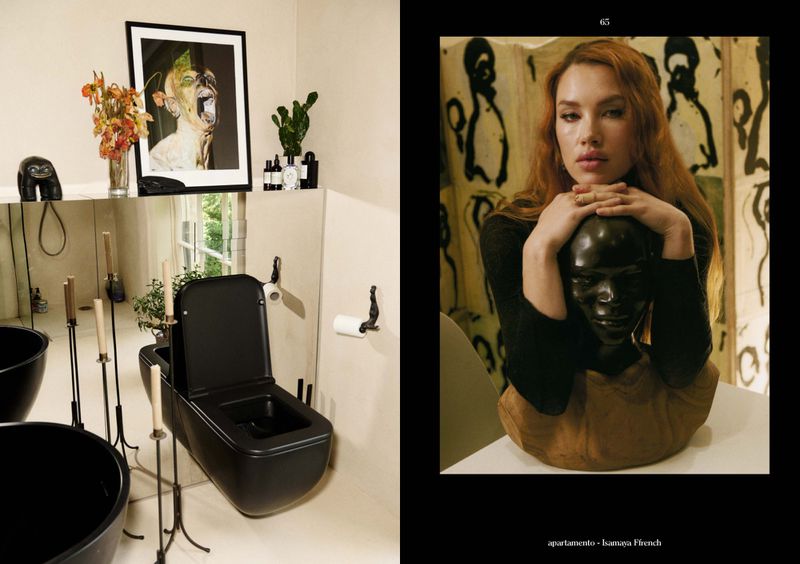 Conceptual layout featuring an auburn-haired woman with a bust and a black toilet in an interior setting with decorative and design elements.