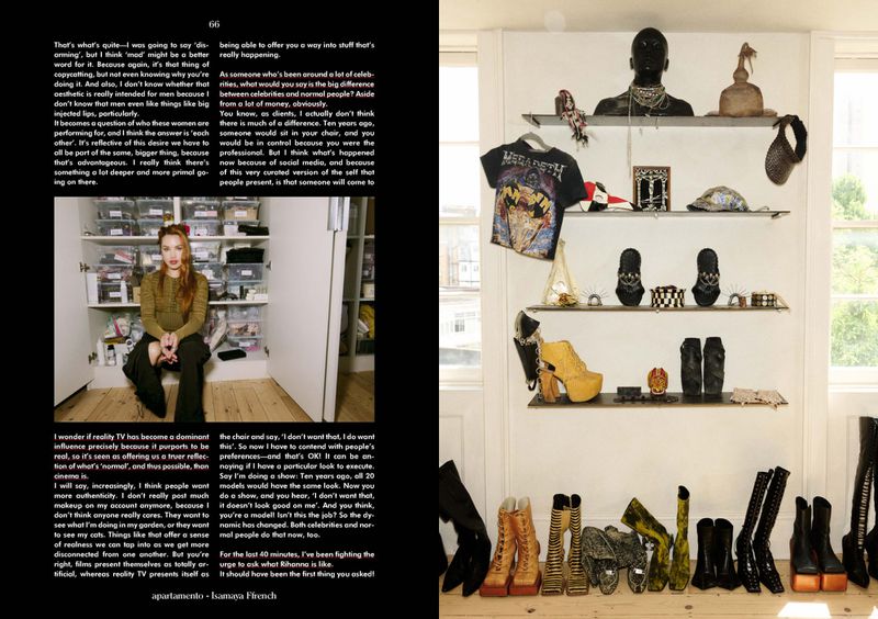 Indoor fashion editorial featuring a seated female and a curated display of clothing, shoes, and accessories on white shelves, styled with neutral colors.