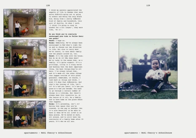 Collage of images featuring a baby sitting by a gravestone and women with a stroller in outdoor settings with simple shelters.