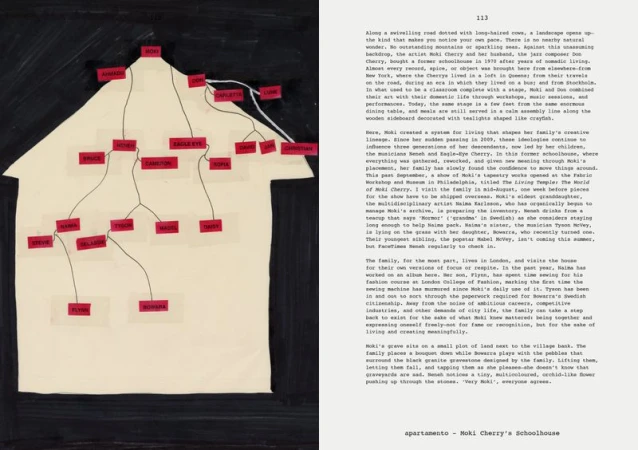 An illustration shows a house outline with names connected by lines, resembling a family tree, beside text discussing Moki Cherry's schoolhouse.