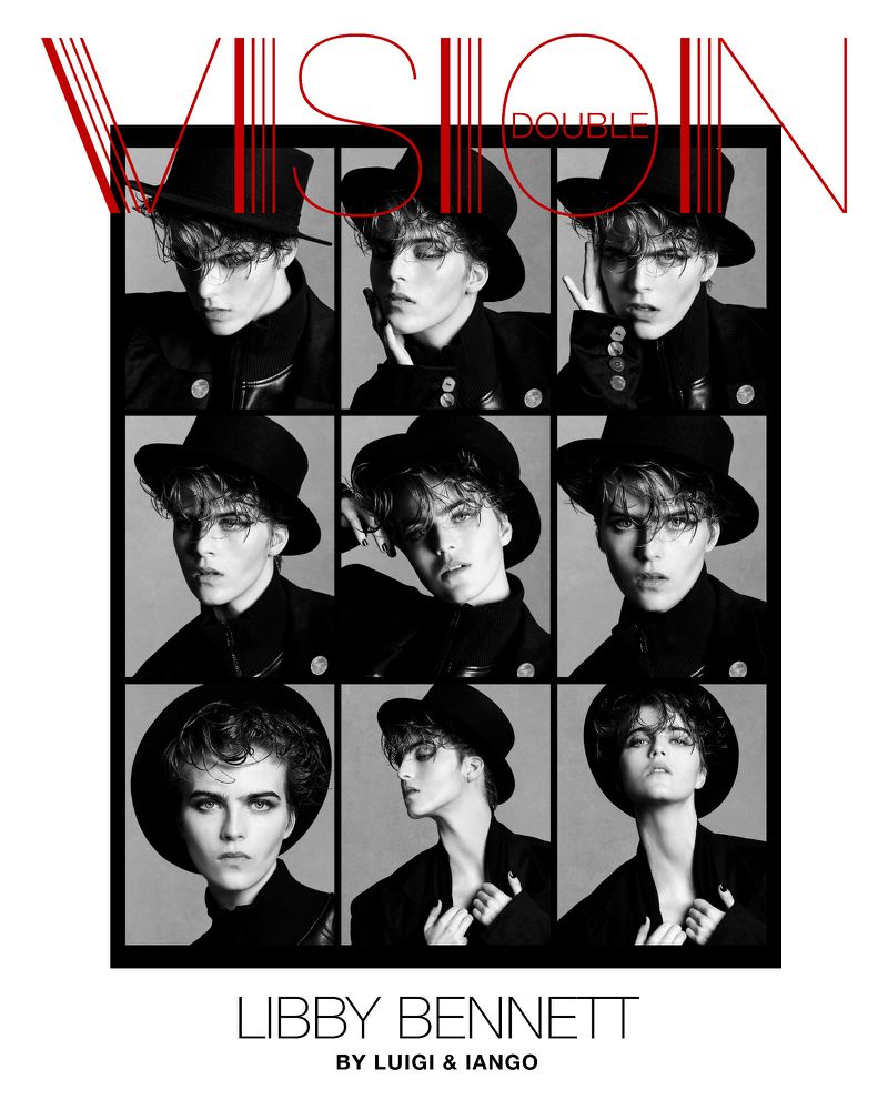 Black and white fashion editorial collage featuring a young adult woman in a hat and blazer, styled by Luigi & Iango for Vision Double.