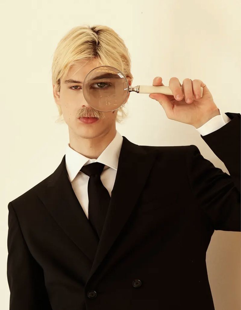Blond-haired man in black suit looks through magnifying glass in front of beige backdrop in a studio portrait, formal fashion.