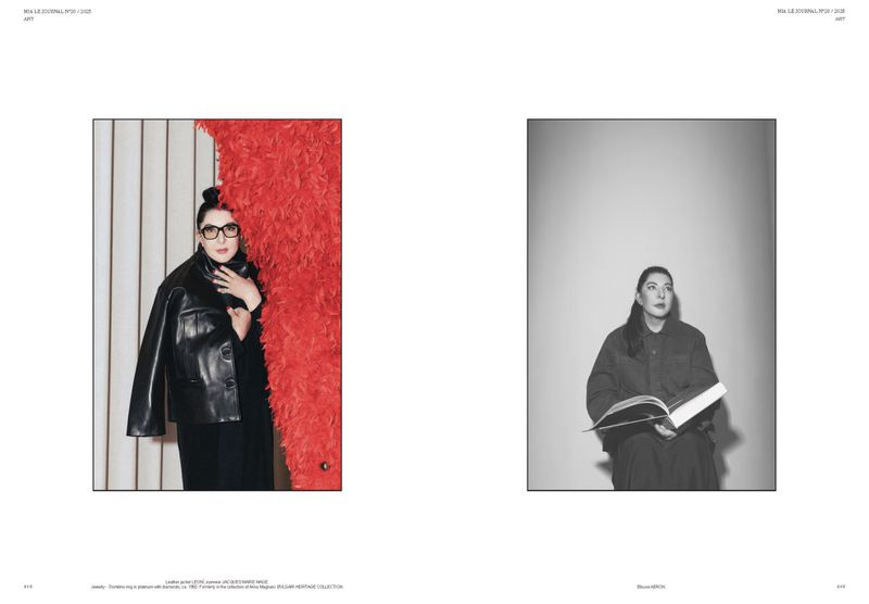 Fashion editorial featuring a woman in a black leather jacket and red feathered garment, contrasted by a black-and-white portrait of a woman reading.