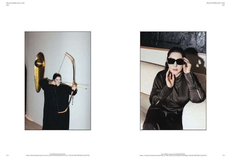 Two portraits of a woman in Bulgari Heritage Collection jewelry, one posing with a bow and arrow, the other seated in sunglasses.