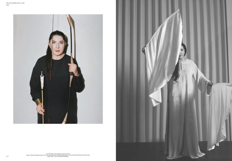 Avant-garde editorial fashion shot featuring a female model in a black dress holding a bow and arrow, alongside a grayscale image with cloth.