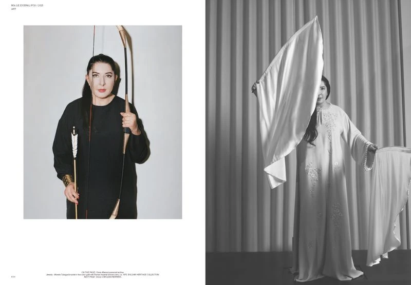 Avant-garde editorial fashion shot featuring a female model in a black dress holding a bow and arrow, alongside a grayscale image with cloth.